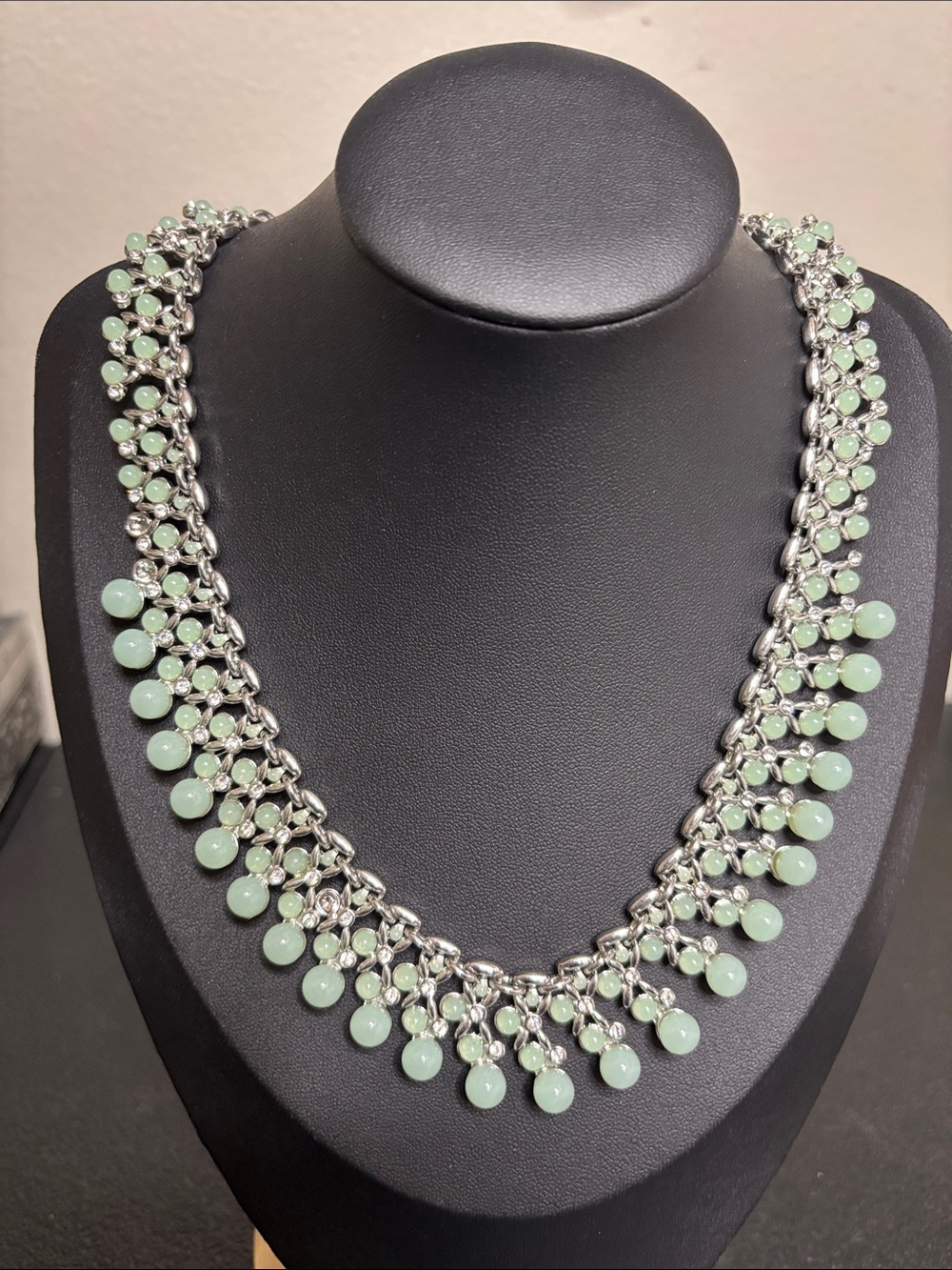 Banana Republic Mint Green Bead Fringe Silver-Tone Collar Statement Necklace